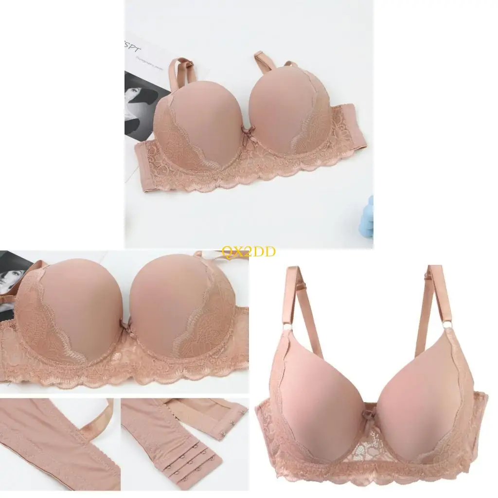 QX2D Full Cup Push Up Bra Lace Underwear For Women Large Size Brassiere Elegant Bowknot Decoration Pattern Lingerie Soft