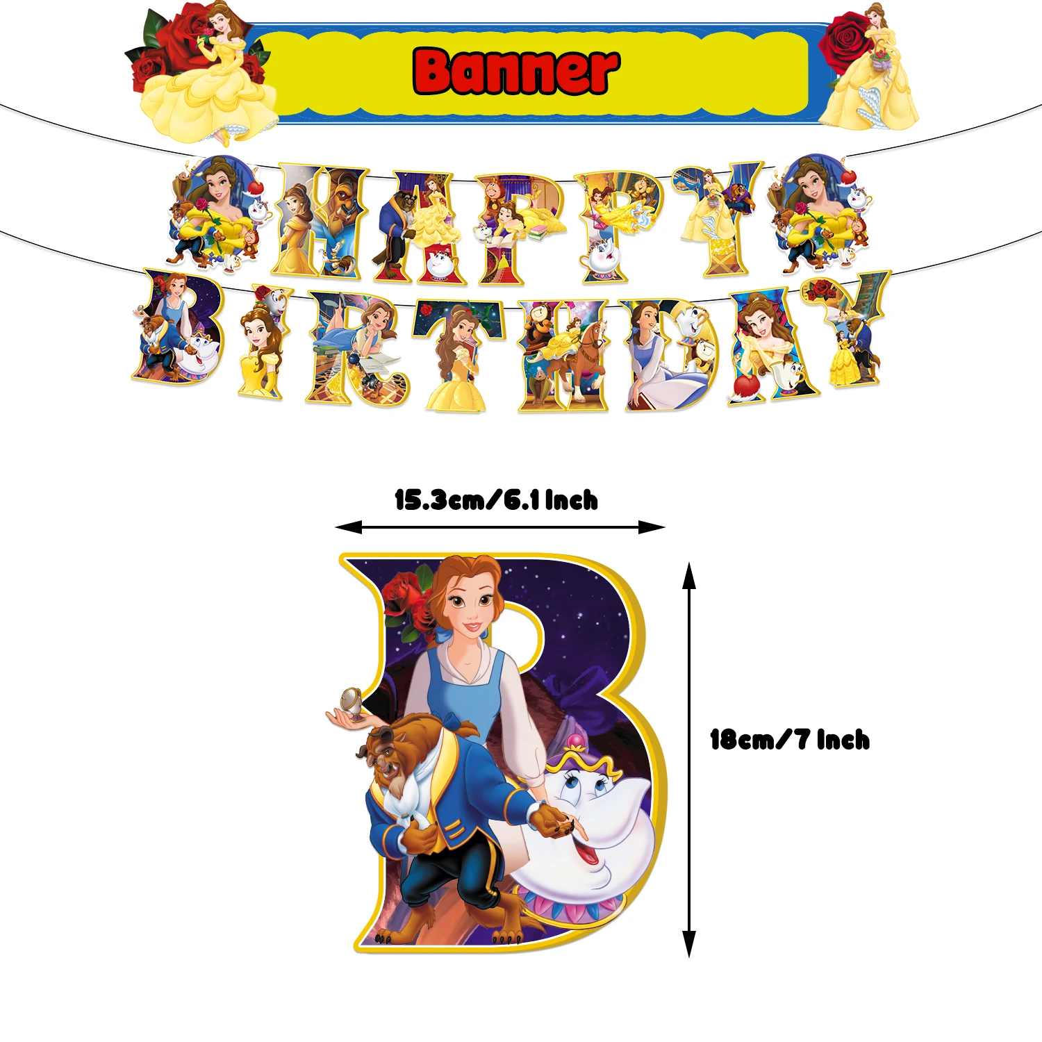 Beauty and the Beast Belle Princess Girl Birthday Party Number Balloon Banner Background Cake Topper Decoration Supplies Gifts