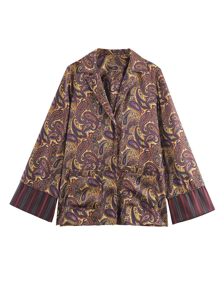 HH レディースファッション ペイズリー柄 ラペル シングルブレスト パジャマ風 プリントシャツ+ハイウエスト カジュアル レースアップパンツ 2点セット 女性用