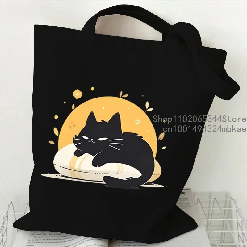 Kawaii Black Cat Graphic Handbags for Women Japanese Style Canvas Tote Bag Cartoon Fashion Shoulder Bag for Women Kitten Bag