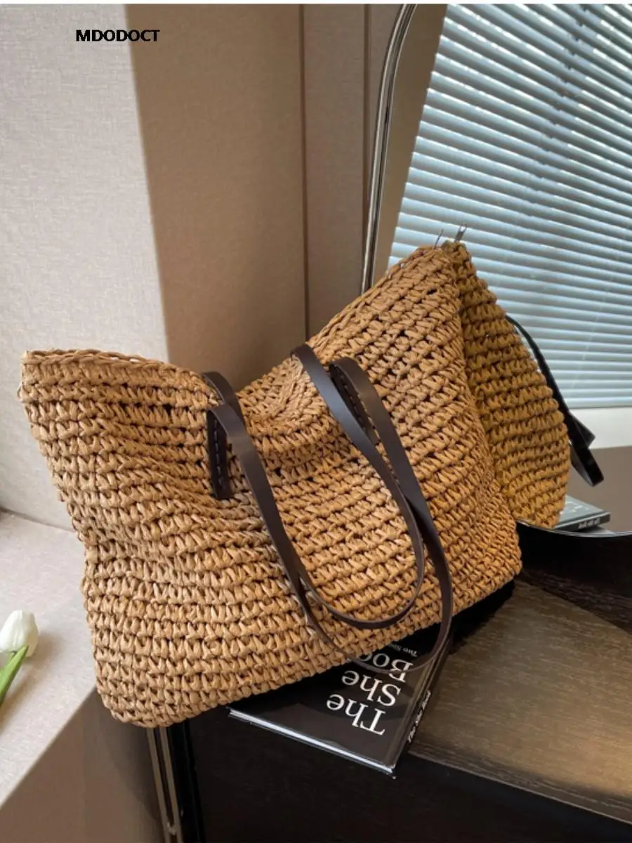 Luxury Design Straw Woven Tote Bags Summer Casual Large Capacity Handbags New Fashion Beach Women Shoulder Simple Style Shopping