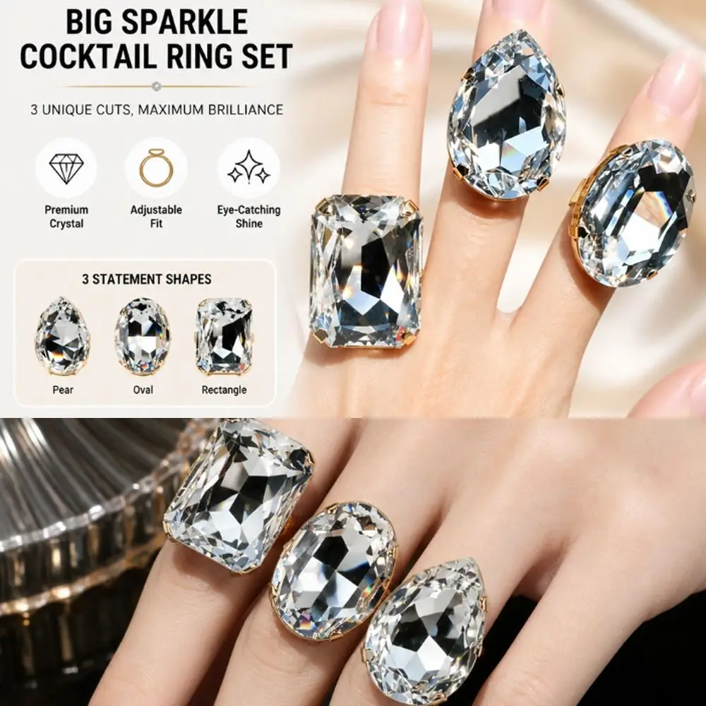 3PCs Square Shape Square Rhinestone Ring Adjustable Size Rhinestone Crystal Adjustable Crystal Ring Exaggerated Giant Large Size