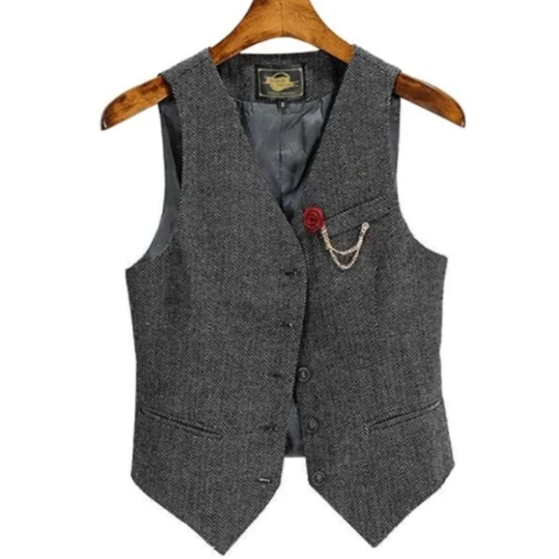 Herringbone Braun Herren Weste V-Ausschnitt Tweed Vintage Single Button für Hochzeit Bräutigam Party Bankett Arbeitsset Herren Anzug Weste