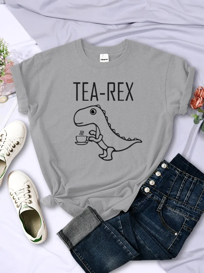 Female T-Shirts Breathable Casual Short Sleeve Personality All-math Tee Clothing Women Tops Tea Rex Funny Dinosaur Drink Coffee