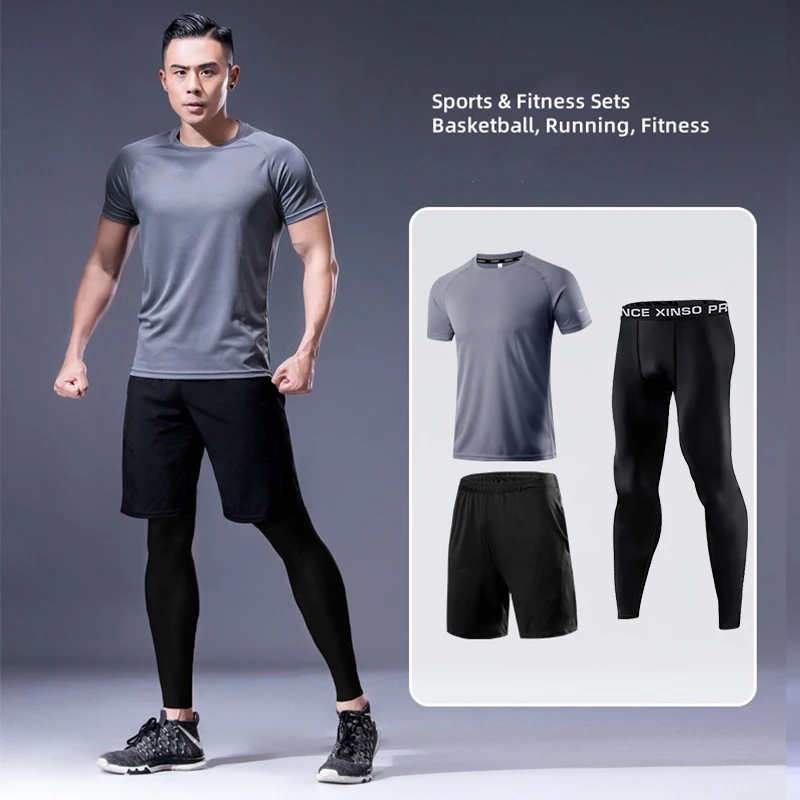 Training Clothes 3-Piece Running Sports Suit Men's Fitness Clothing Quick Dry Clothes Basketball Equipment Morning Running