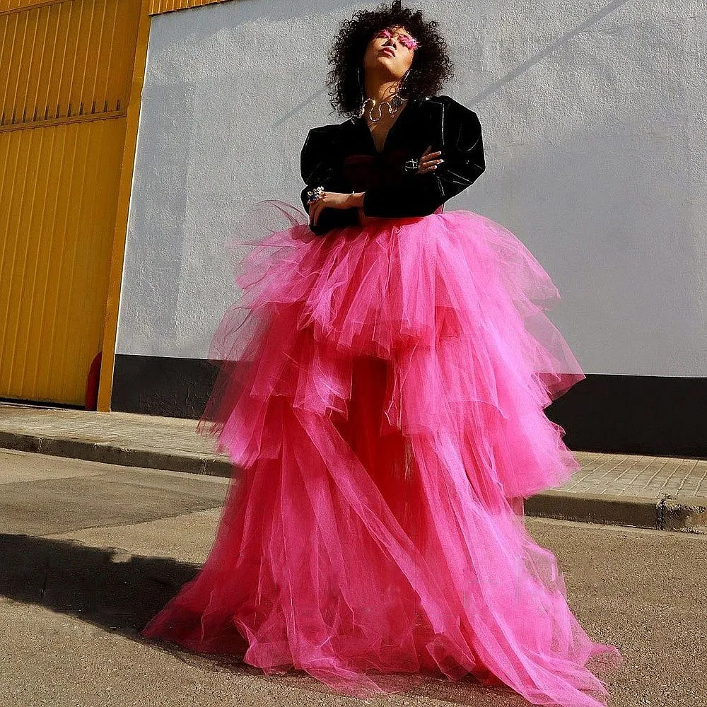 Falda de tul rosa intenso con volantes escalonados, falda de fiesta de cintura alta, tutú de tul, enagua informal, falda nupcial para fiesta de baile, юбка