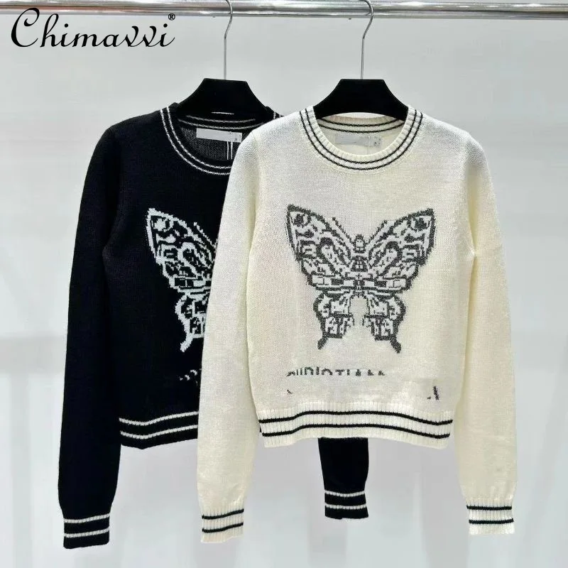 

Autumn and Winter New Butterfly Jacquard Contrasting Colors Fashionable Temperament Versatile Long-sleeved Top Sweater For Women