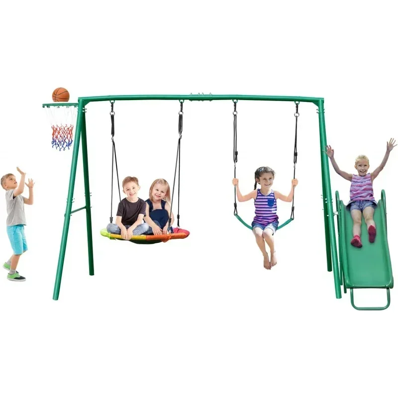 Swing Sets for Backyard with Slide, Heavy Duty Metal Swing Stand, Saucer Swing, Belt Swing,Basketball Hoop