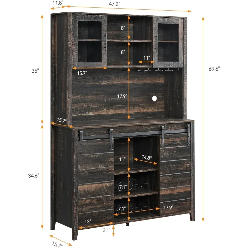 Farmhouse Coffee Bar Cabinet with Sliding Barn Doors, 70'' Kitchen Hutch Cabinet with Storage, Wine&Glasses Rack