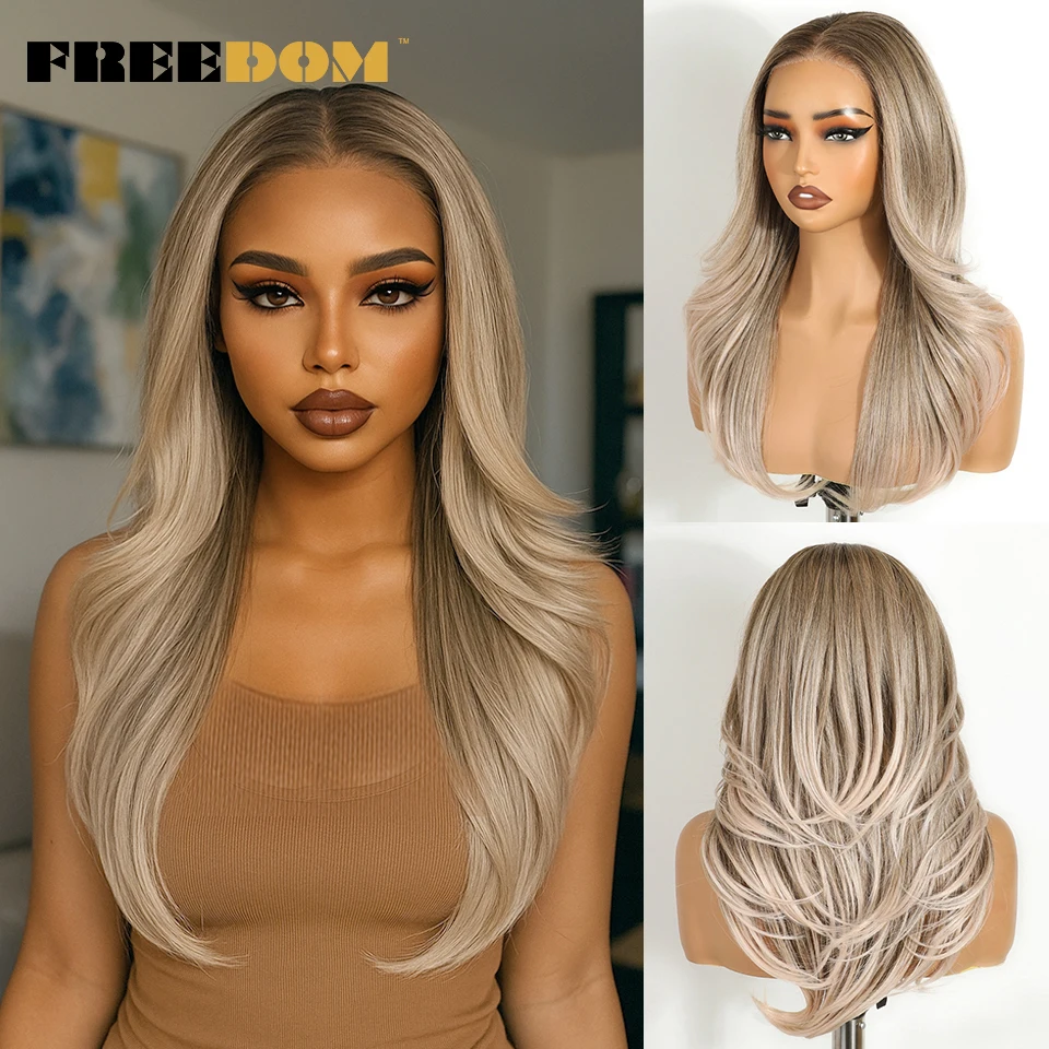 

FREEDOM Синтетические парики фронта шнурка для чернокожих женщин 20 дюймов Ombre Blonde Wavy 6X4 Предварительно выщипанные бесклеевые многослойные парики шнурка