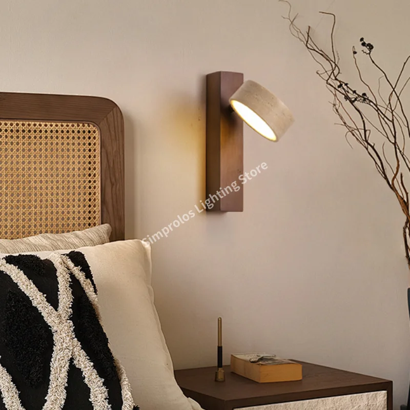 

Japanese Wabi-sabi Yellow Travertine Wall Light with Pull Chain Switch Wood Rotable LED Stone Lamp for Bedroom Bedside Apartment