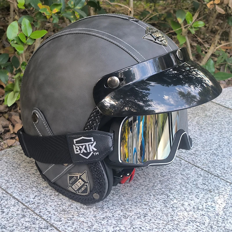 

Vintage Gray Motorcycle Helmet for Men Faux Leather Patchwork Material Branded Helmet Unisex Small Half Helmet Can Worn Goggles