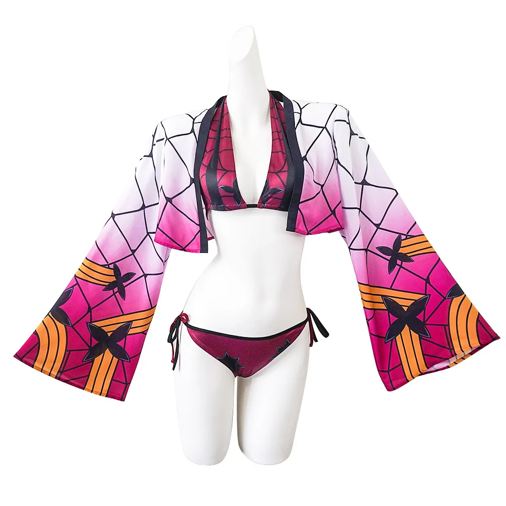 Anime Demon Slayer Kanroji Mitsuri Swimsuit Kochou Shinobu Cardigan Swimsuit Set Summer Bikini Beach Cosplay Costume Swimsuit