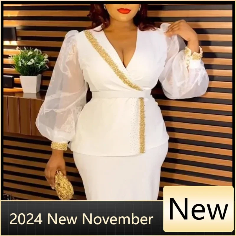 Luxury Women Sets for Elegant 2 Piece Dress Sets Gauze Long Sleeve Deep V Neck Wrap Tops and Pencil Skirts Wedding Guest Gown