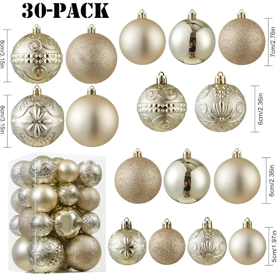 مجموعة زينة كرة عيد الميلاد المقاومة للكسر مكونة من 30 قطعة مع 6 أنماط في 4 مقاسات لحفلات العطلات وزينة شجرة عيد الميلاد مثالية لـ
