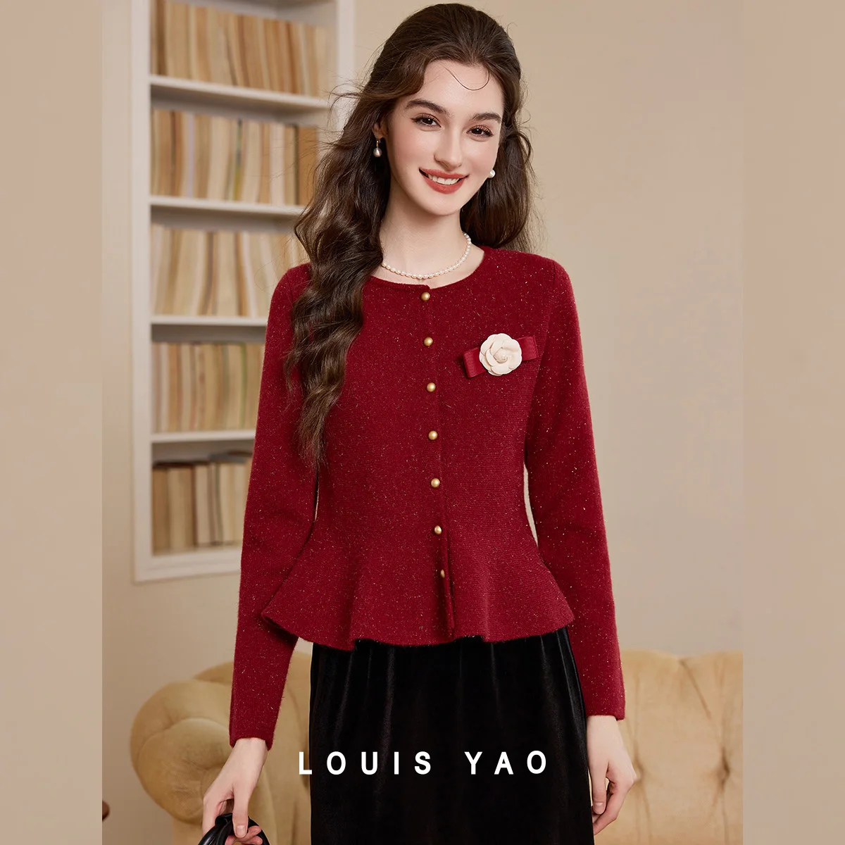 

LOUIS YAO Detachable Flower Knitted Coat 2025 Autumn/Winter England Style Cardigan Ruffle Waist Women's Knitted Sweater