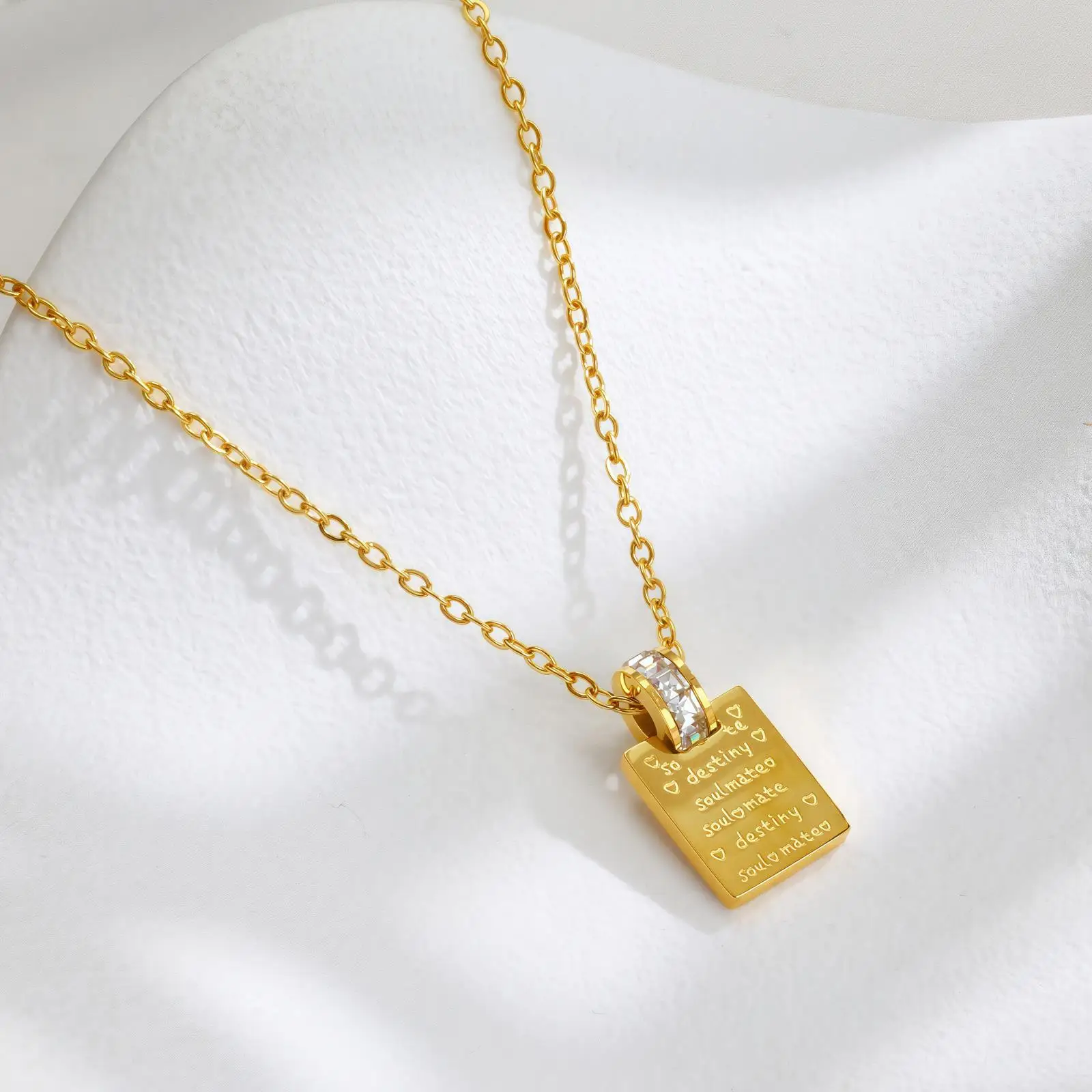 Cute Small Tiny CZ Store and Love Letter Square Pendant Female Gold Color Stainless Steel Geometry Necklace for Woman Jewelry