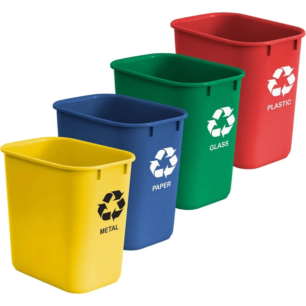 

4-Pack Recycling Bins Set, 6.75 Gallon Plastic Wastebaskets for Metal Paper Glass, Stackable & Durable
