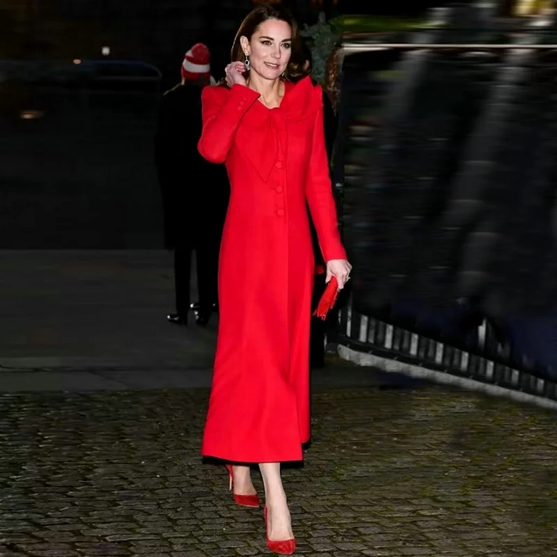 Kate Middleton Elegant Dresses Women Luxury Bow Designer Evening Coat Dress Long Sleeve Fall Autumn Winter Ladies Clothes Female