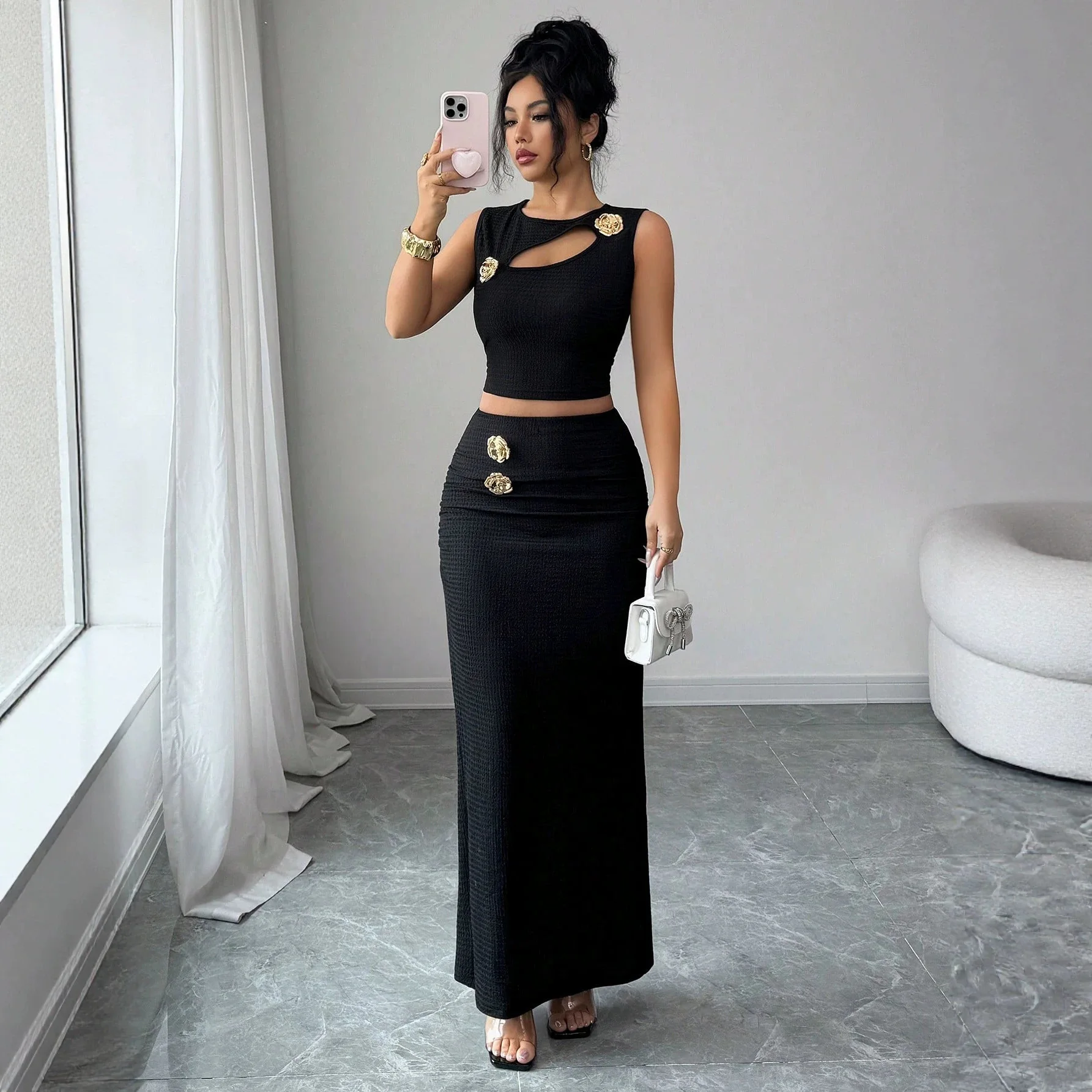 Women's Hollow Out Metal Button Decor Sleeveless Crop Top High Waist Mermaid Long Skirt Two Piece Versatile Party Fashion Outfit