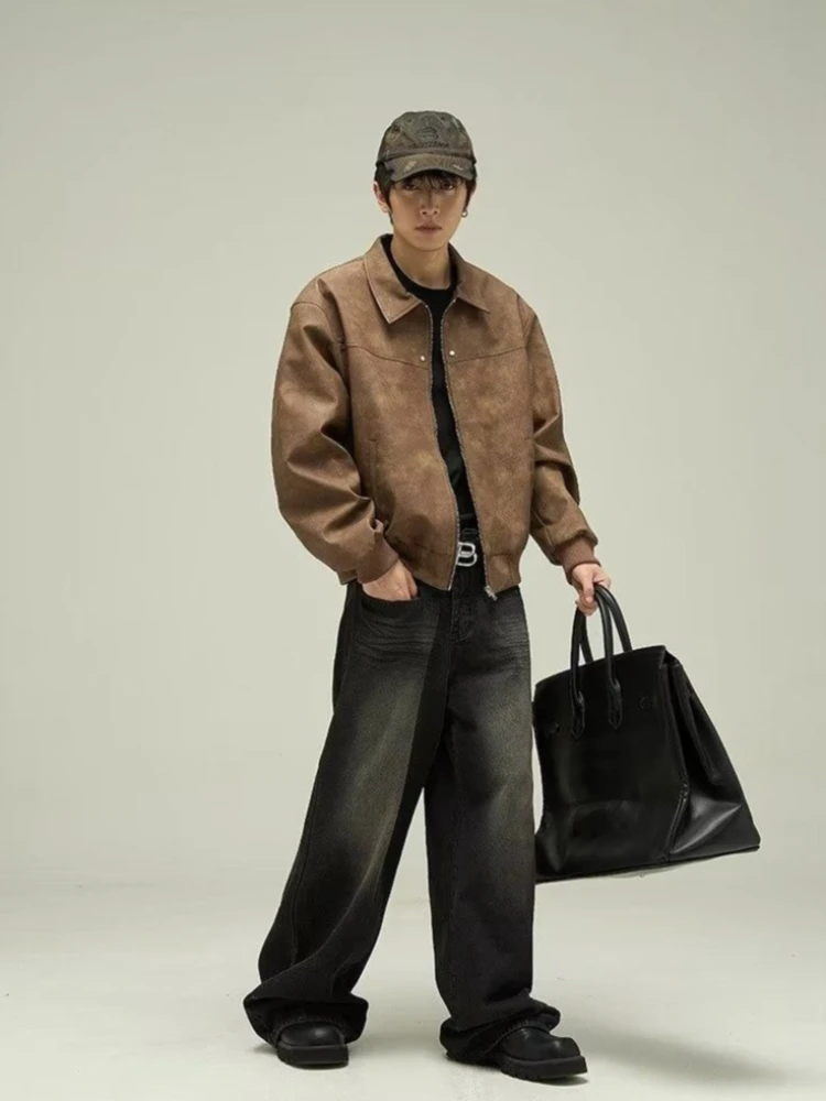 

Oversized Brown Leather Jacket Couple Set Maillard Tone Biker Coat Retro Streetwear Brand​