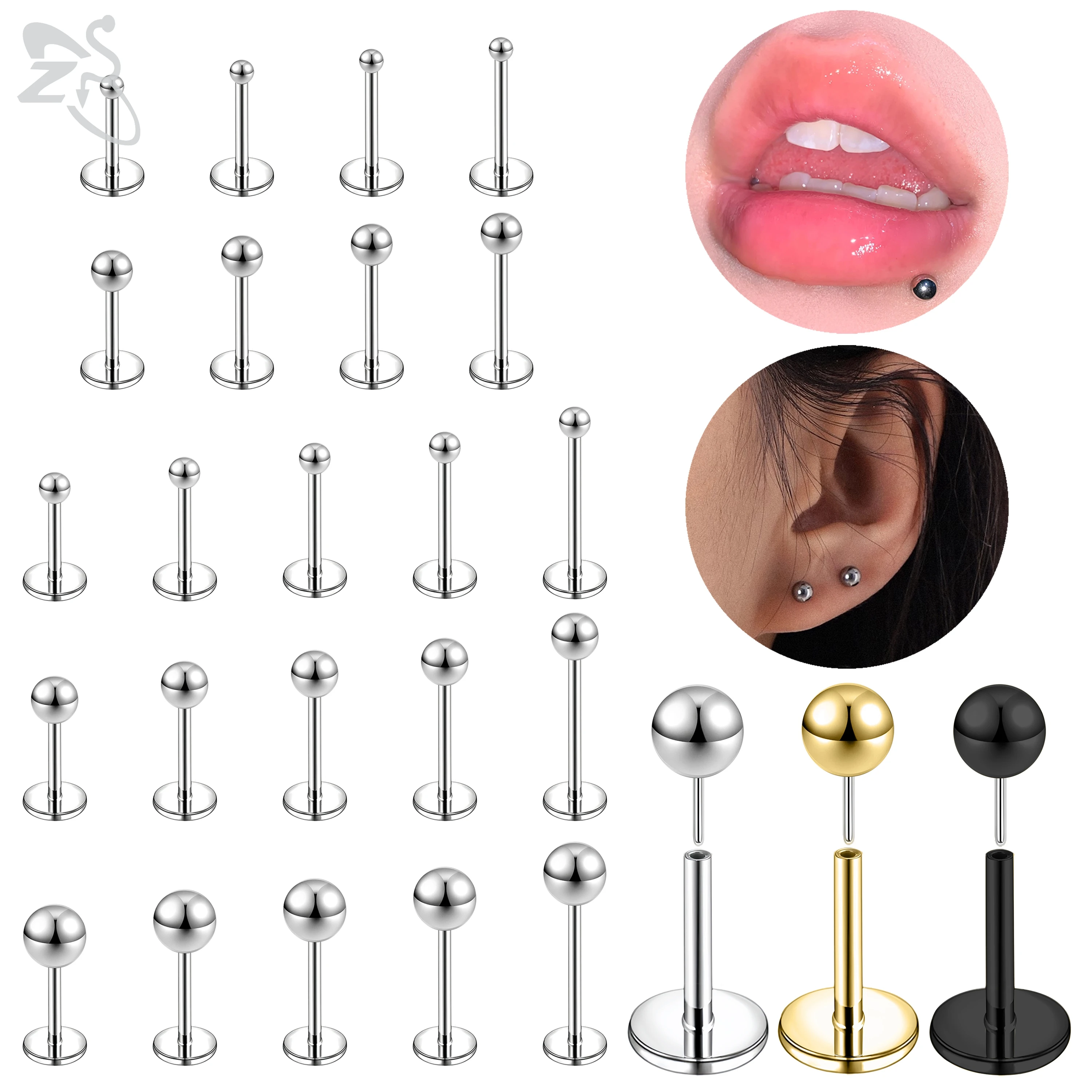 ZS 10 Pcs/lot Plug-In Style 18/20G Stainless Steel Labret Lip Piercing Ball Threadless Cartilage Tragus Helix Piercings 6/8/10MM