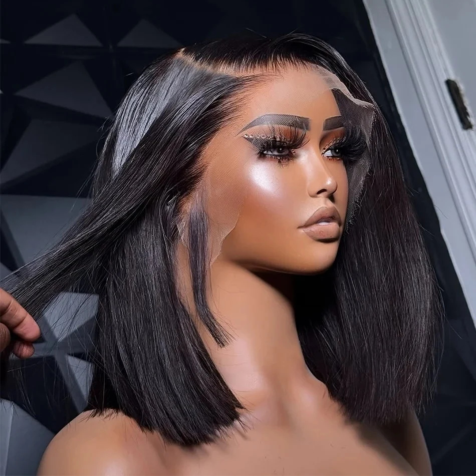 العظام شعر طبيعي مفرود 5x7 شعر مستعار بدون صمغ جاهز للارتداء مستقيم قصير بوب شعر مستعار 13x6 HD الدانتيل الجبهة خصلات الشعر المستعار الإنسان 14 بوصة #1