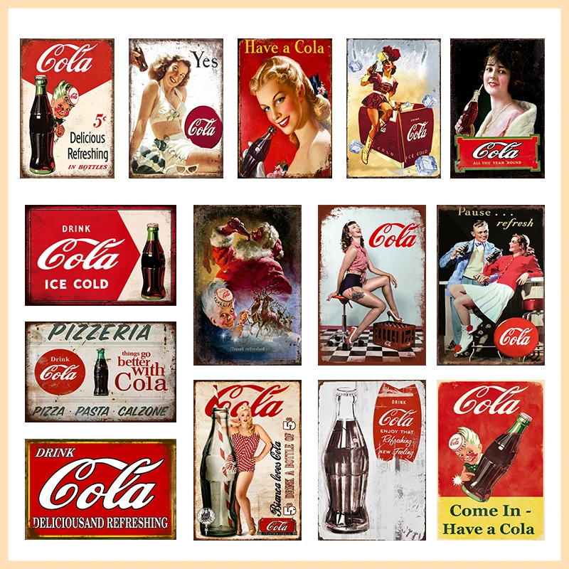 Vintage Cola Softdrink Poster Metallschilder Mädchen trinken Cola Flaschen Metallplatte Wanddekoration für Bar Pub Club Restaurant Heimdekoration