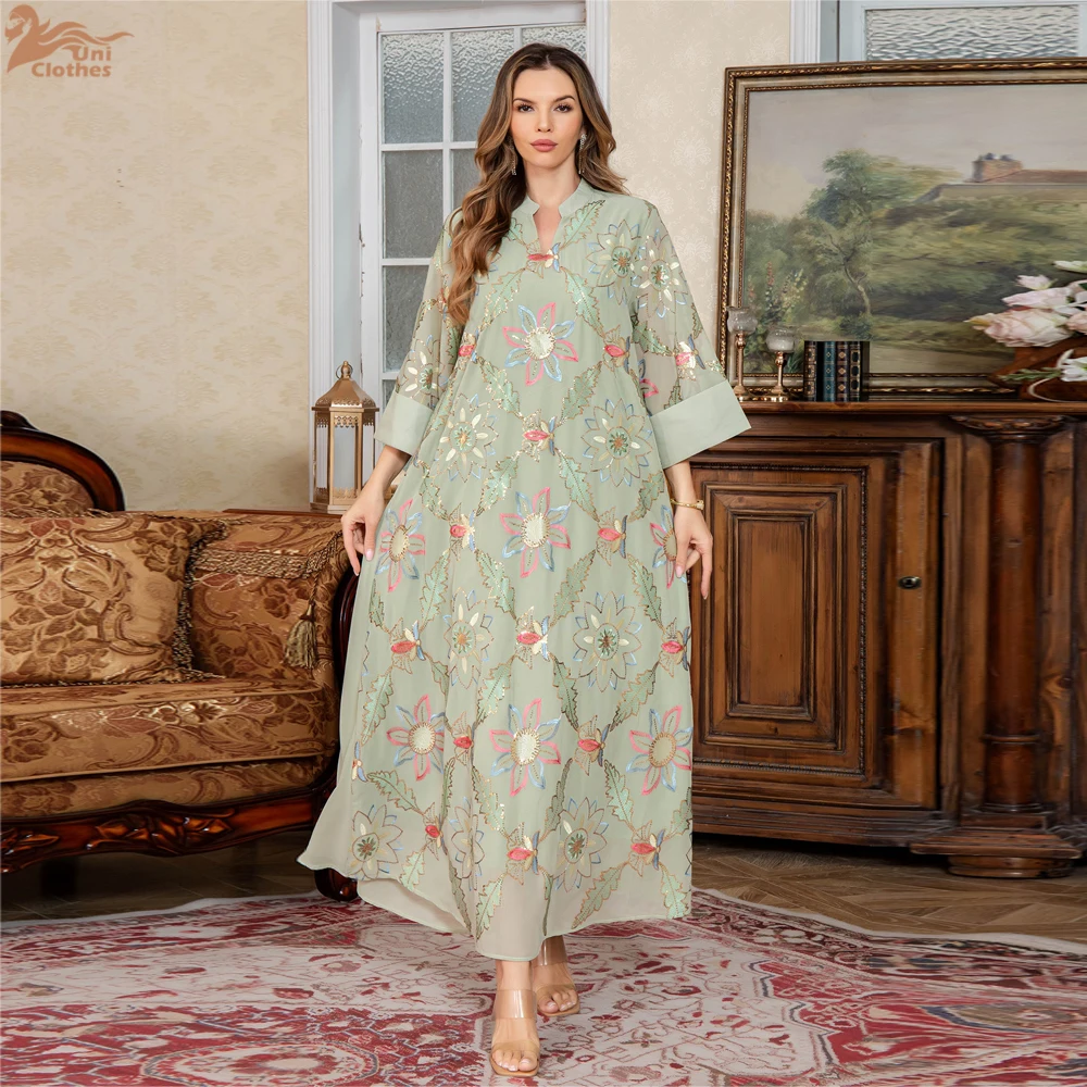 2025 ใหม่มุสลิมแฟชั่นดอกไม้เย็บปักถักร้อย Casual Abaya พับแขน Notched V คอชุดโมร็อกโกดูไบผู้หญิง Robe