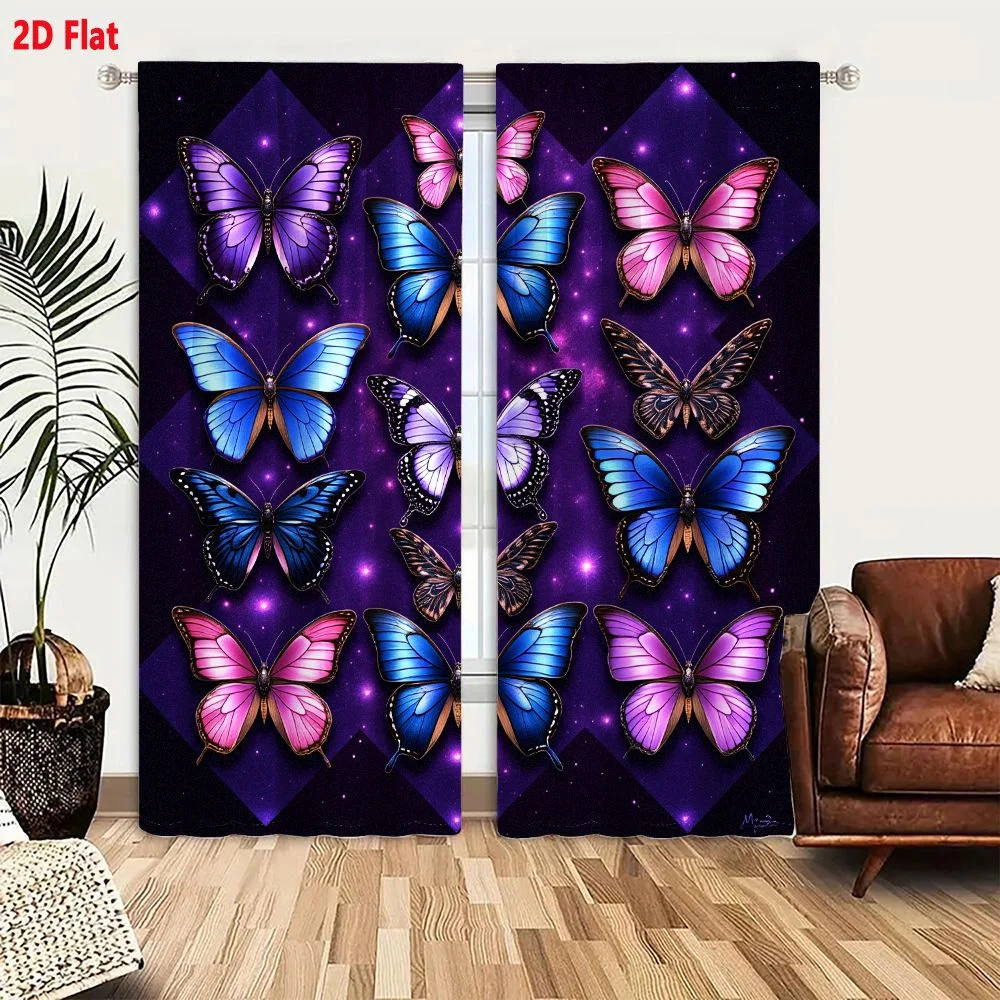 2Pcs Curtains 2D Flat Vibrant Artistic Composition Of Twelve Butterflies On Cosmic Starry Background With Deep Purples Blues And