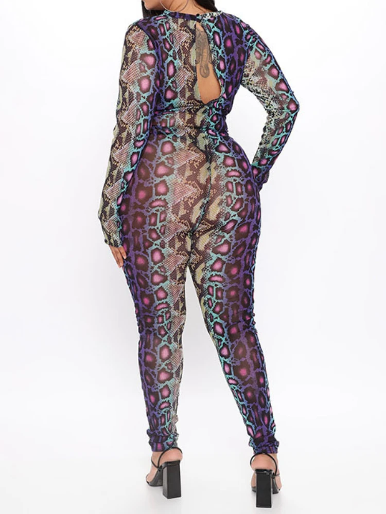 WeiYao Sexy Spicy Women Jumpsuit Serpentine Print O-neck Long Sleeve Bodycon Jumpsuit Party Club Streetwear Chic Women Clothes