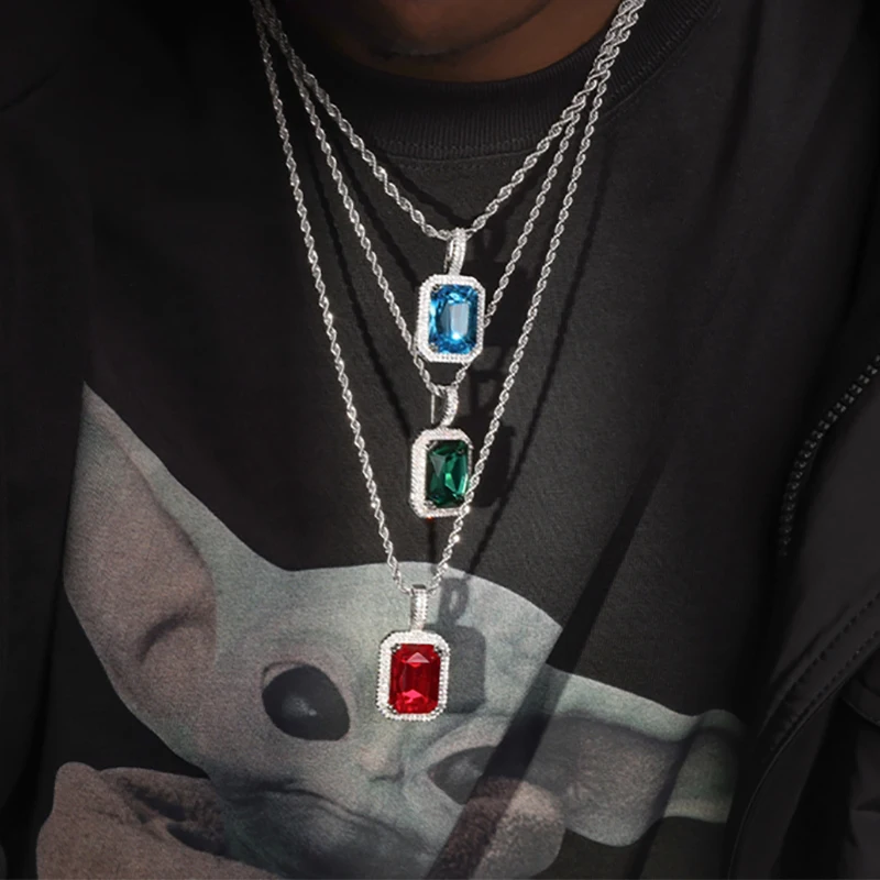 Hip Hop Iced Out Pendant Necklaces for Men Luxury Shiny Colorful Zirconia Stainless Steel Rope Chain on Neck Rapper Jewelry