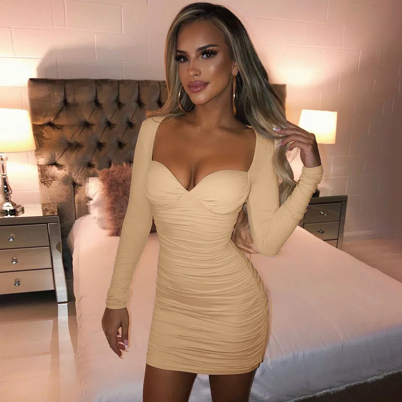 

Long Sleeve Ruched Mini Dress For Women 2023 Summer Slim Elegant Party Clothes Club Outfits Birthday Evening