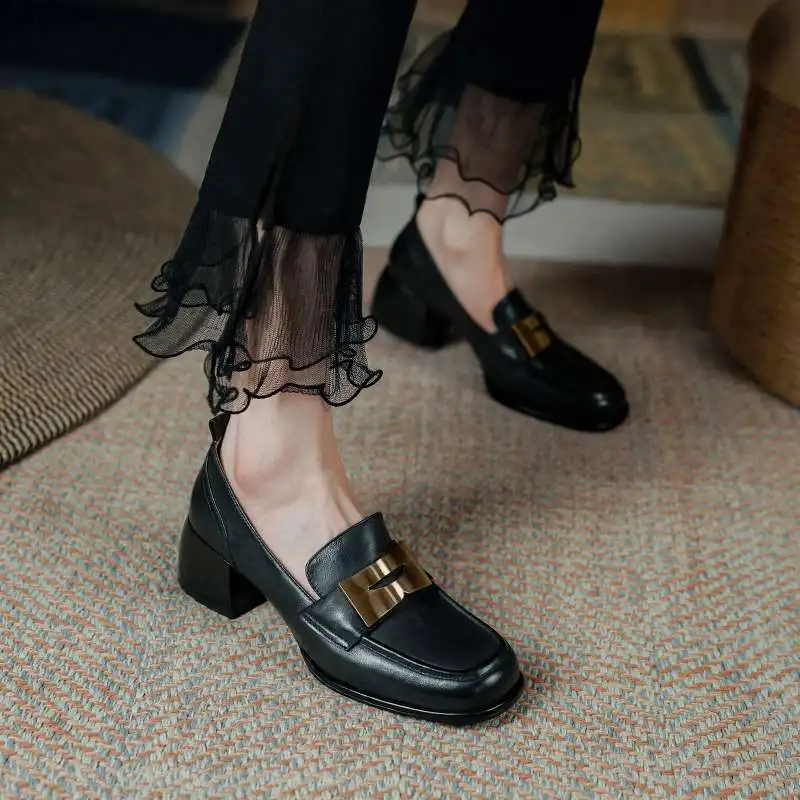 Krazing Pot 2023 Cow Leather Thick Heels Retro Spring Shoes Slip on Concise Loafers Brand Mature Elegant Office Lady Women Pumps