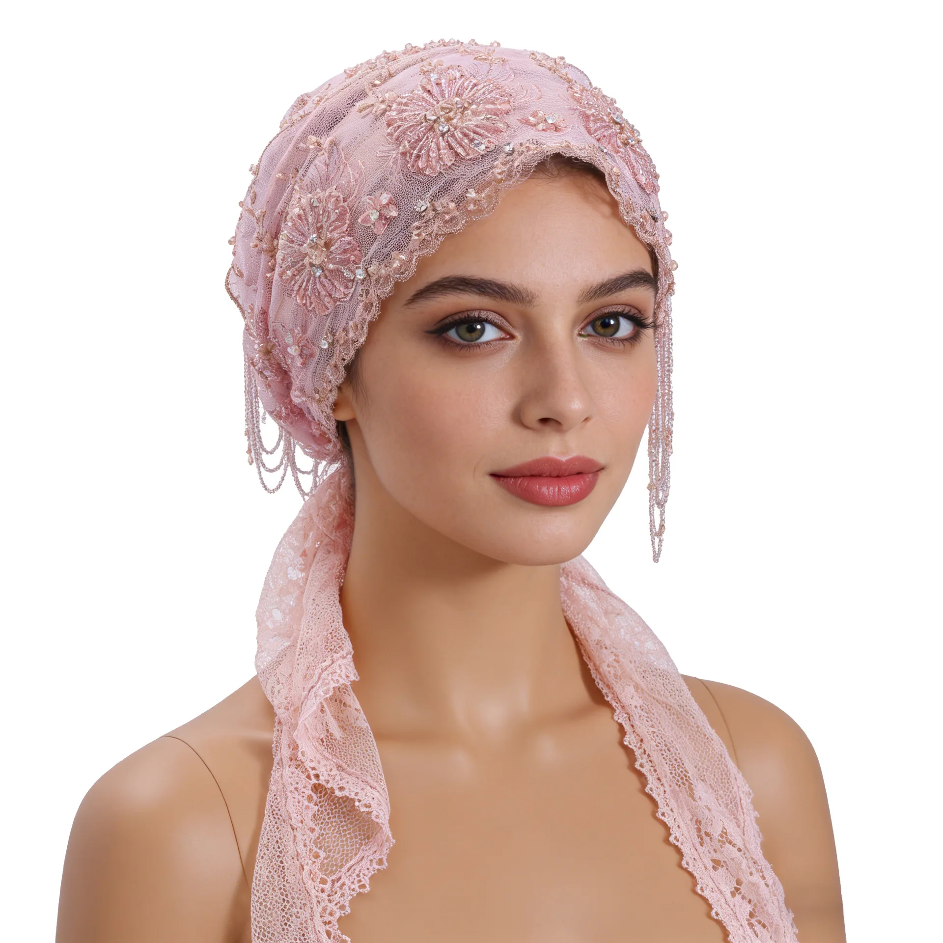 

Muslim New Popular Luxury Hijabs Headwear High Quality Lace Ribbon Handcrafted Beaded Turban Hat Female Head Caps Bonnet