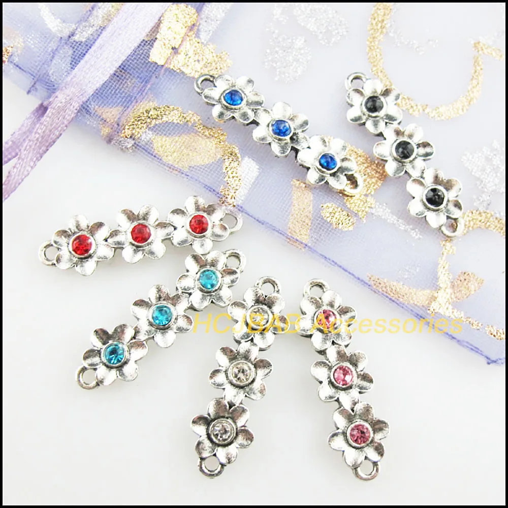 12 New 3-Flower Charms Tibetan Silver Color Crystal Mixed Connectors 8.5x28mm