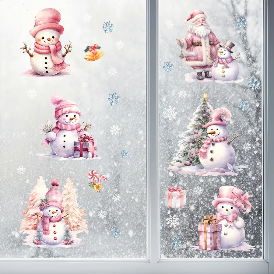 Christmas Decoration Cartoon Cute Pink Snowman Wall Stickers for Windows Bedroom Decoration Wall Decals Kids Room Decor
