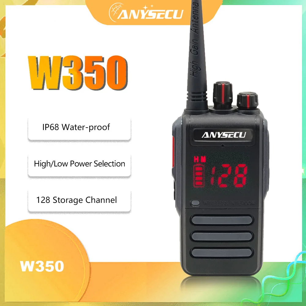 

Anysecu W350 UHF Walkie Talkie 128 Channels 400-520MHz 5W IP68 Water-proof Radios Hidden Display Function 3000mAh Battery