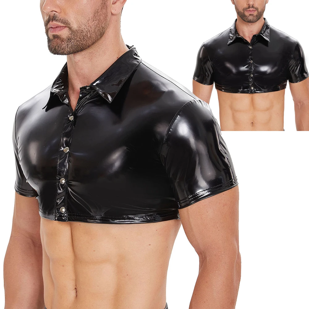 Mens Glossy PVC Leather Shirts Turn-down Collar Short Sleeve Half Crop Shirts Tops Men Button-up Nightclub Short Latex Blouse