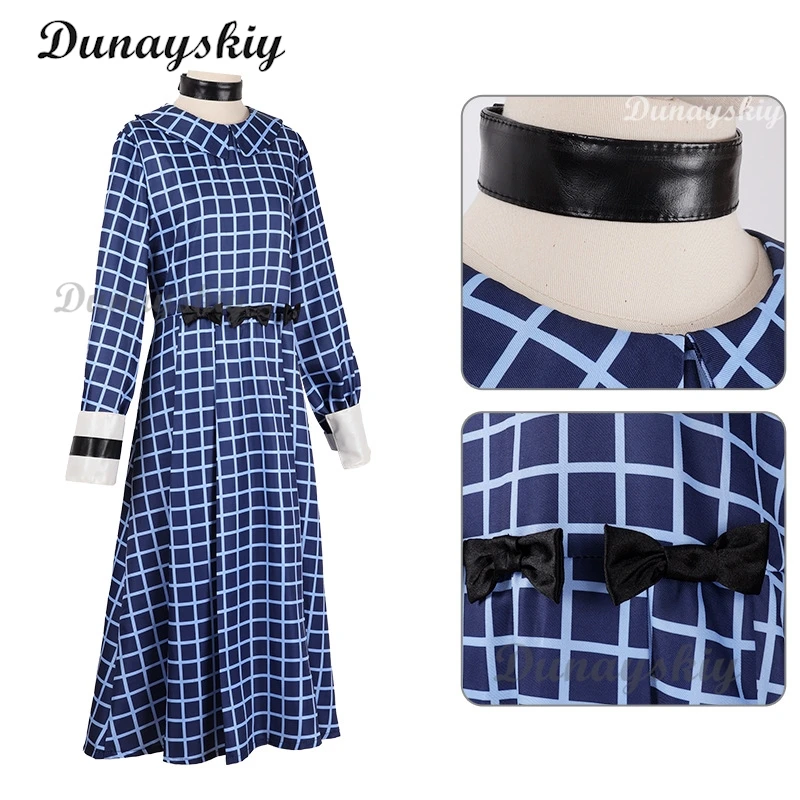 أزياء الهالوين لعام 2024 فستان استير التأثيري أزياء البطلة لفيلم الرعب أزياء اليتيم إستير التأثيرية باروكات نسائية بنية مجعدة اصطناعية