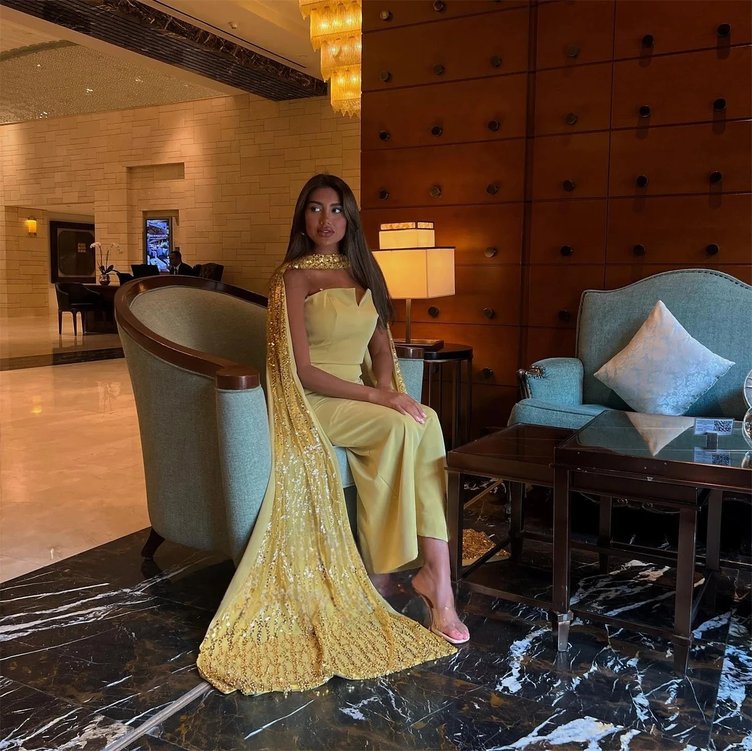 

Yellow Lace Long Bespoke Occasion Gown Evening Dresses Pastrol Unisex Jersey Retro Dubai Saudi Arabic Israel Prom Customized
