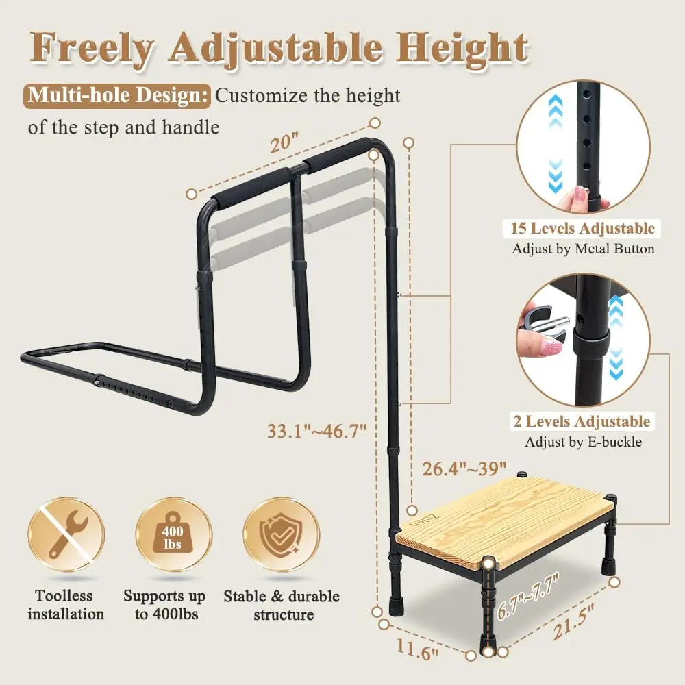 Medical Bedside Step Stool com alça, Trilhos de cama para idosos, Passos para camas altas Adultos, Bed Assist Bar