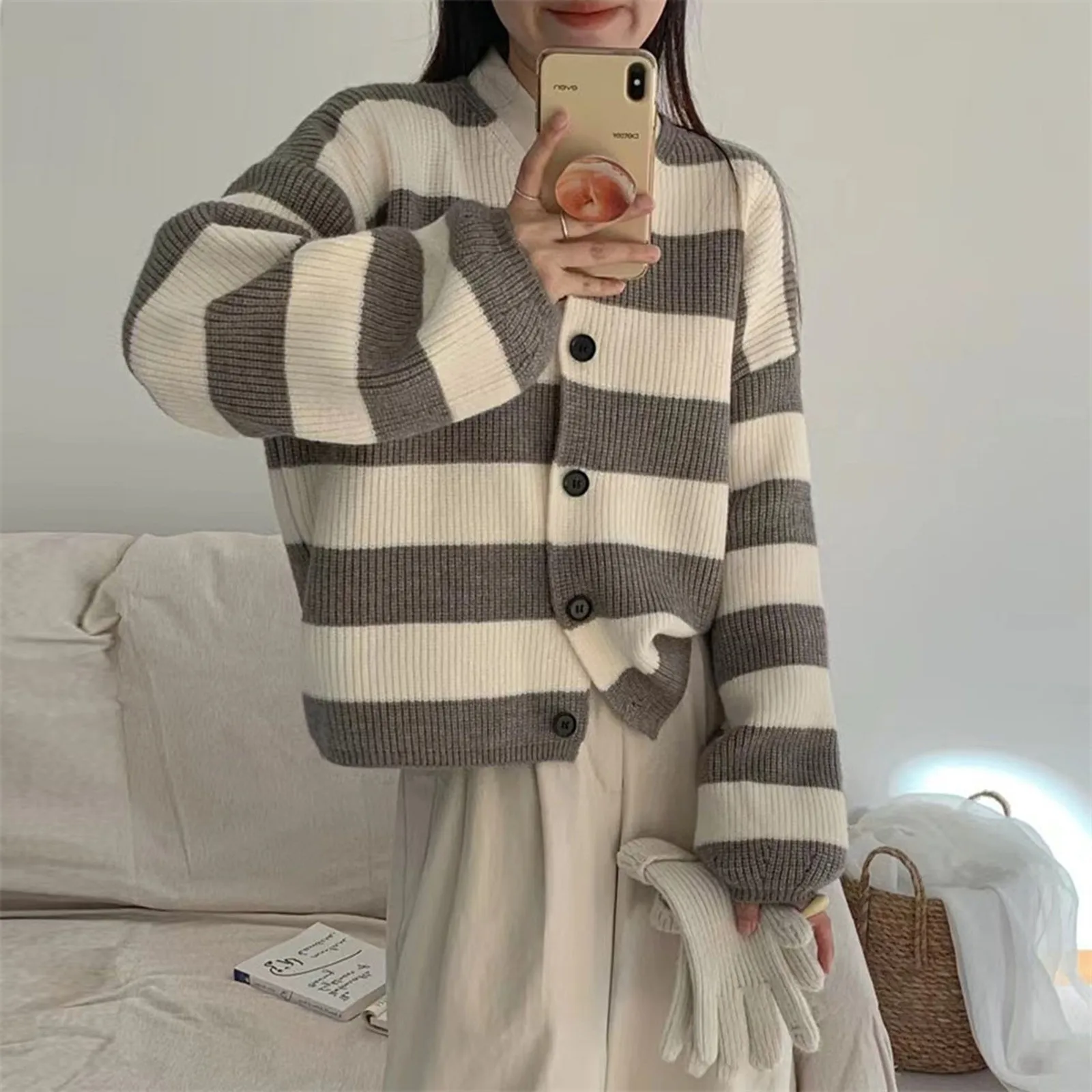 Striped Knitted Cardigans Women 2024 Autumn Winter Single Breasted Loose Sweaters Korean Style Long Sleeve Knitwear Female Coat