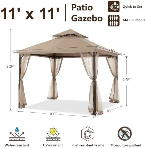 Heavy Duty Patio Gazebo Easy Fixed Steel Gazebo with Fade-Resistant Canopy & Rust-Resistant Frame, 11x11 ft, Khaki