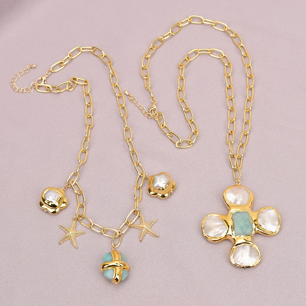 GG 2 Strands Cultured White Pearl Green Amazonite Sea Shell Cross Pendant Chain Necklace Lady Party Jewelry Gifts