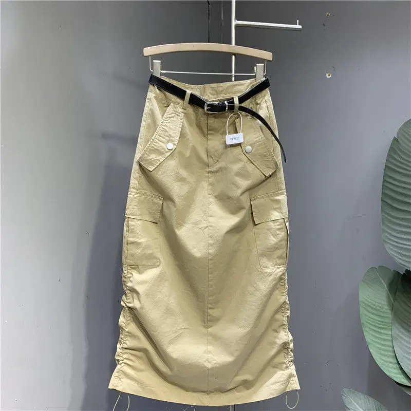 

2025 Summer Drawstring Cargo Midi Skirt for Women Lightweight Loose Fit Casual Style Slimming High Waist Bodycon Design Skirt