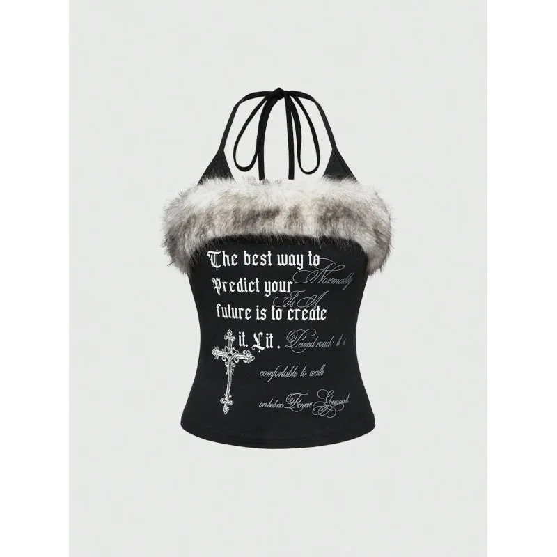 Pure desire spicy girl top women autumn and winter fur collar spicy girl base shirt ins fake two-piece lace up vest white