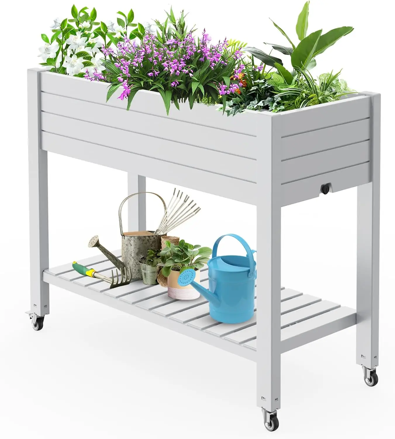 Outdoor Backyard/Patio/Balcony Raised Garden Bed, Reinforced, with Wheels and Storage Shelf, Ashen
