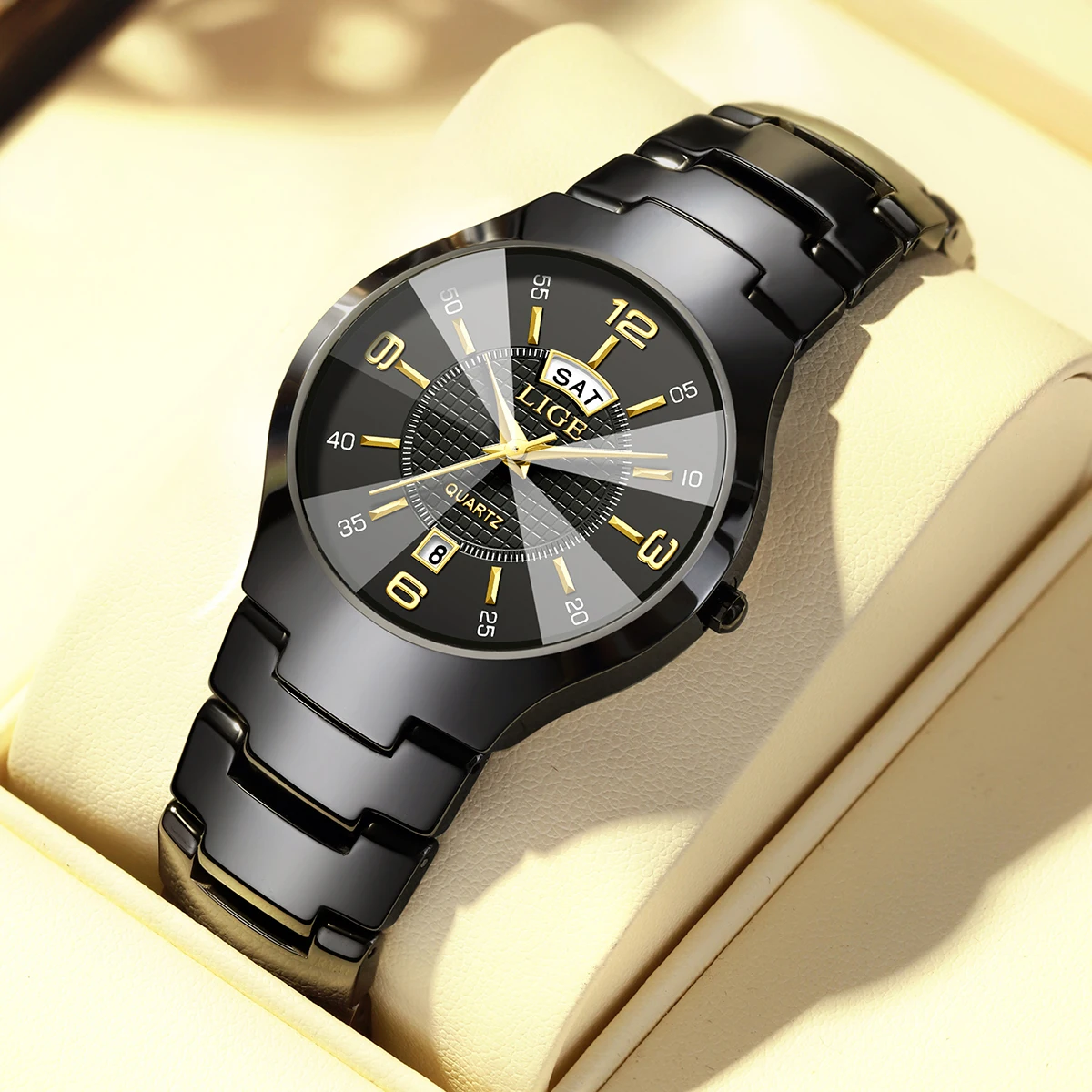 LIGE Men's Watches Ceramic Calendar Waterproof Women Wristwatches Diamond Simple Dress Watch Week Display Date Quartz Wristwatch