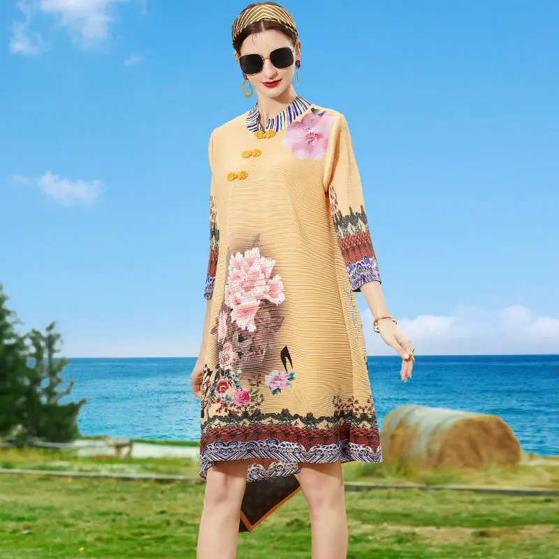 Dress Female China Wind Print Reflection Spring New High-end Foreign Loose Large Size Stone O Neck Casual Dress Skirt Clothing